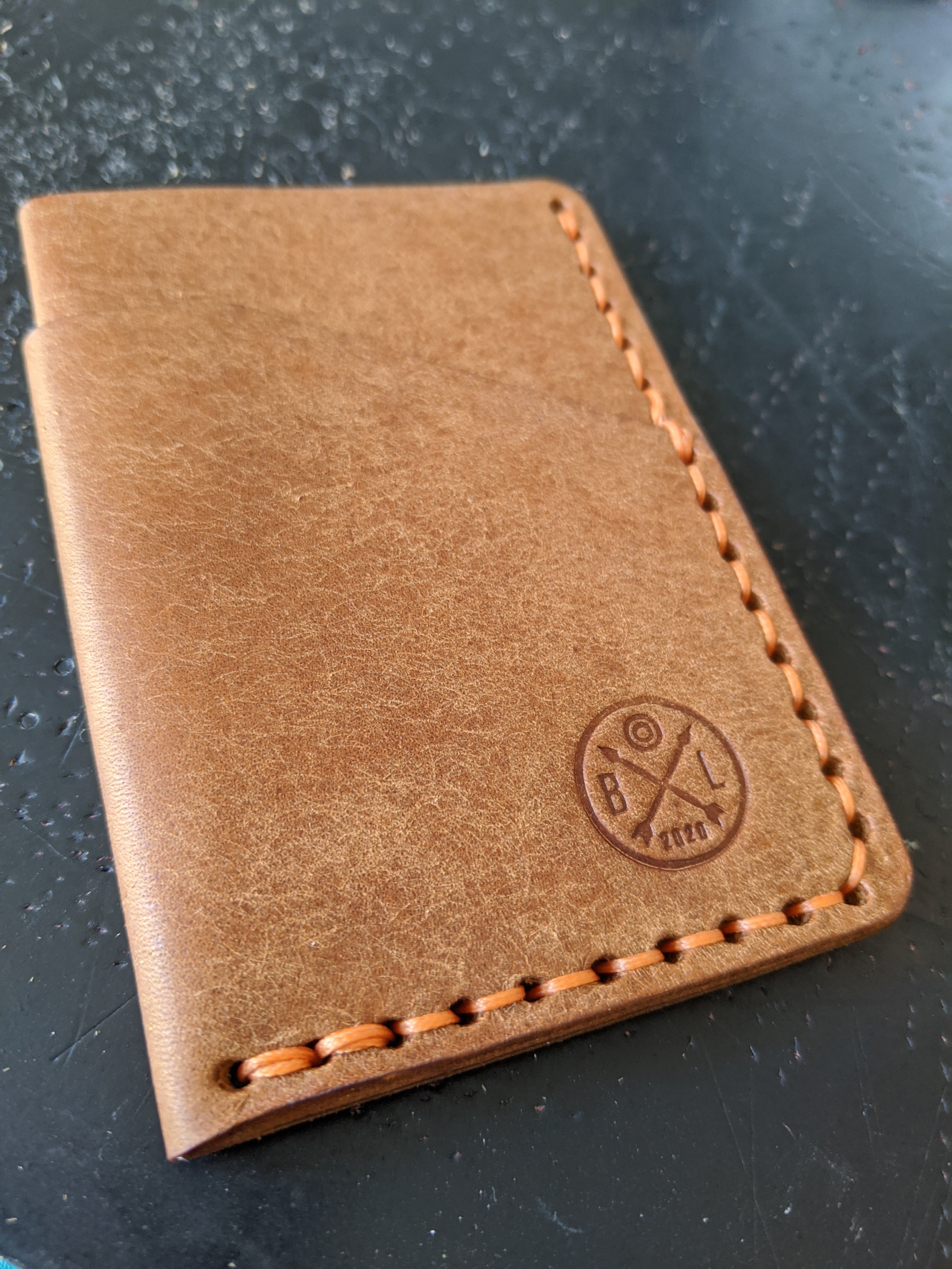 "Altham" Handmade Minimalistic Wallet/Card Holder in Cognac "Pueblo" Italian Vegtan Leather with Orange Thread