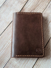 Load image into Gallery viewer, &quot;Warner&quot; Passport Case in Chocolate Lyveden British Vegtan Leather with Amber Glow thread.
