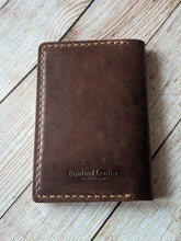 Load image into Gallery viewer, &quot;Warner&quot; Passport Case in Chocolate Lyveden British Vegtan Leather with Amber Glow thread.
