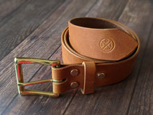 Load image into Gallery viewer, &quot;Moorland&quot; Handmade 38mm wide Belt in Tan Lyveden British Vegtan Leather Brass Fittings
