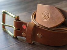 Load image into Gallery viewer, &quot;Moorland&quot; Handmade 38mm wide Belt in Tan Lyveden British Vegtan Leather Brass Fittings
