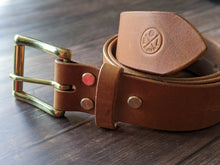 Load image into Gallery viewer, &quot;Moorland&quot; Handmade 38mm wide Belt in Tan Lyveden British Vegtan Leather Brass Fittings
