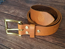 Load image into Gallery viewer, &quot;Moorland&quot; Handmade 38mm wide Belt in Tan Lyveden British Vegtan Leather Brass Fittings
