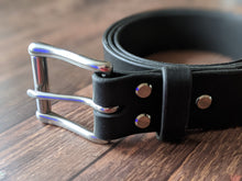 Load image into Gallery viewer, &quot;Moorland&quot; 38mm wide Belt in Black Lyveden British Vegtan Leather Stainless Steel Fittings
