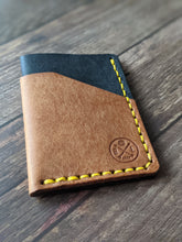 Load image into Gallery viewer, &quot;Altham&quot; Handmade Minimalistic Wallet/Card Holder in Two tone Black &amp; Cognac &quot;Pueblo&quot; Italian Vegtan Leather with Yellow thread.
