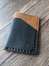 Load image into Gallery viewer, &quot;Altham&quot; Minimalistic Wallet/Card Holder in Two tone Cognac &amp; Black &quot;Pueblo&quot; Italian Vegtan Leather with Dark Brown thread.

