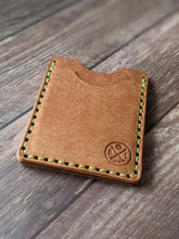 Load image into Gallery viewer, &quot;Arden&quot; Handmade Leather Minimalist Wallet/Cardholder in Cognac Pueblo leather with Pea Green thread.
