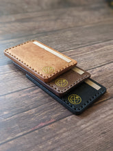 Load image into Gallery viewer, &quot;Slaidburn&quot; Handmade Leather Minimalist Wallet/Cardholder in Cognac Pueblo Leather with Amber Glow thread
