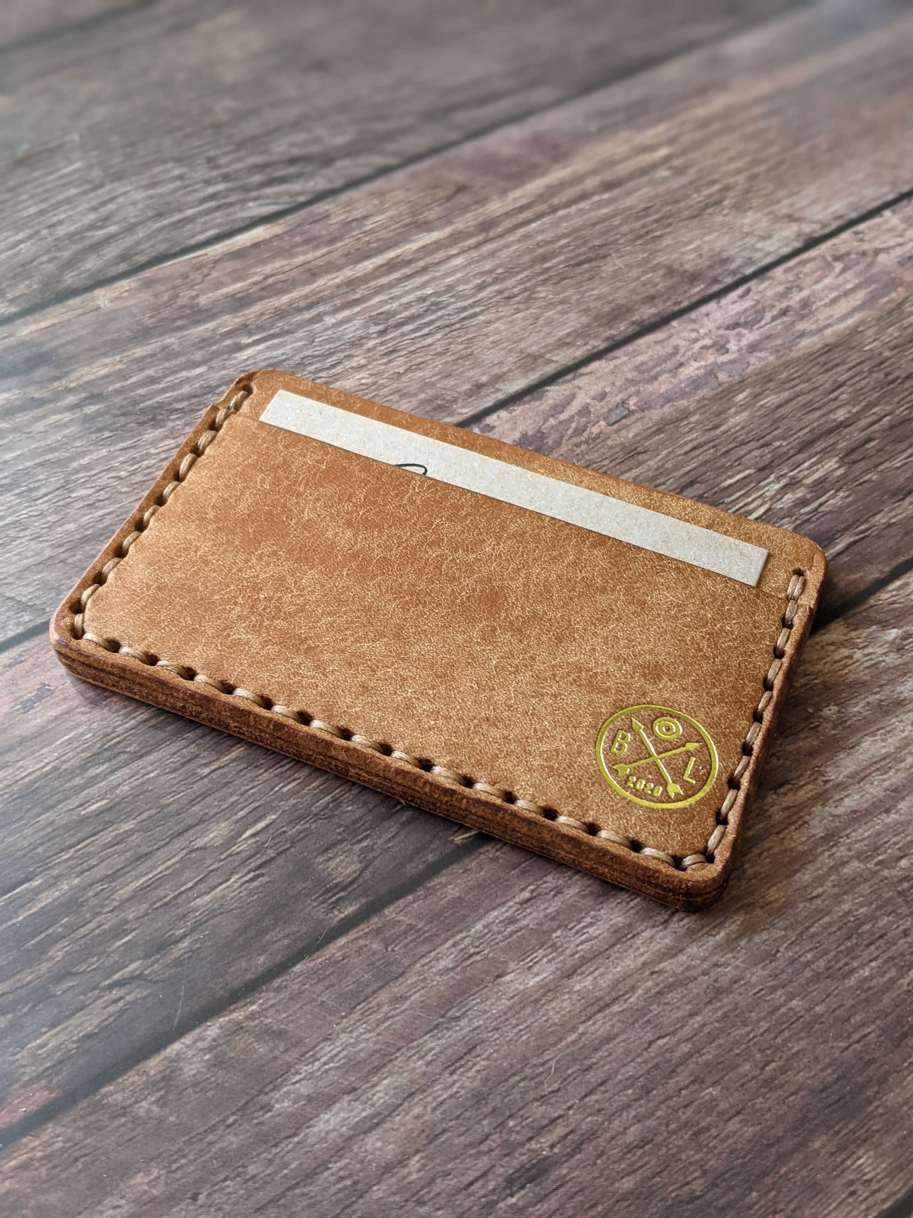 "Slaidburn" Handmade Leather Minimalist Wallet/Cardholder in Cognac Pueblo Leather with Amber Glow thread