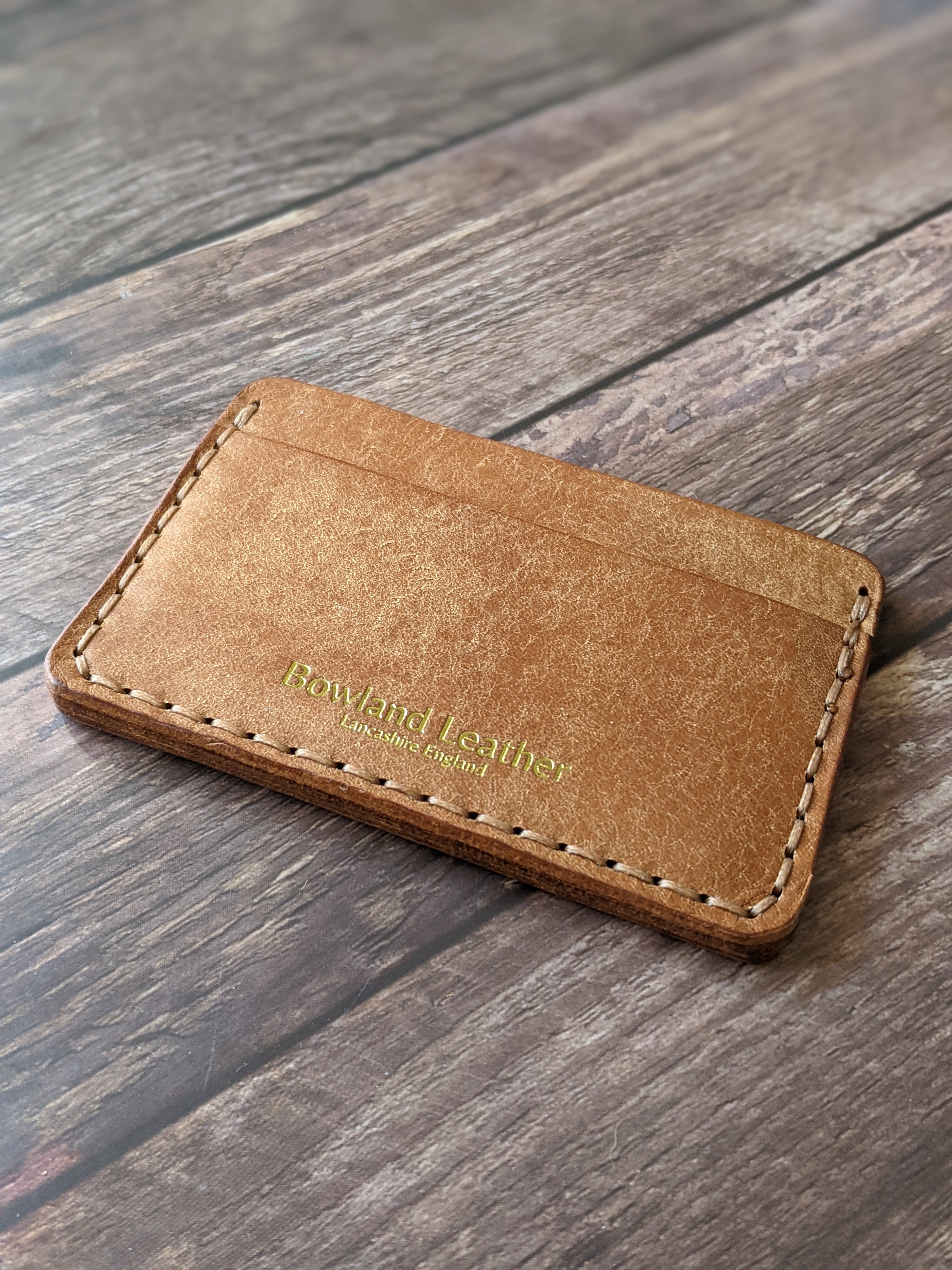"Slaidburn" Handmade Leather Minimalist Wallet/Cardholder in Cognac Pueblo Leather with Amber Glow thread