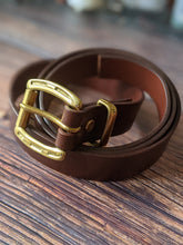 Load image into Gallery viewer, The Pendle - 32mm wide belt 38in to middle hole, Dark Brown Vegtan Leather with Handcast British Made Brass Fittings
