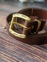 Load image into Gallery viewer, The Pendle - 32mm wide belt 38in to middle hole, Dark Brown Vegtan Leather with Handcast British Made Brass Fittings
