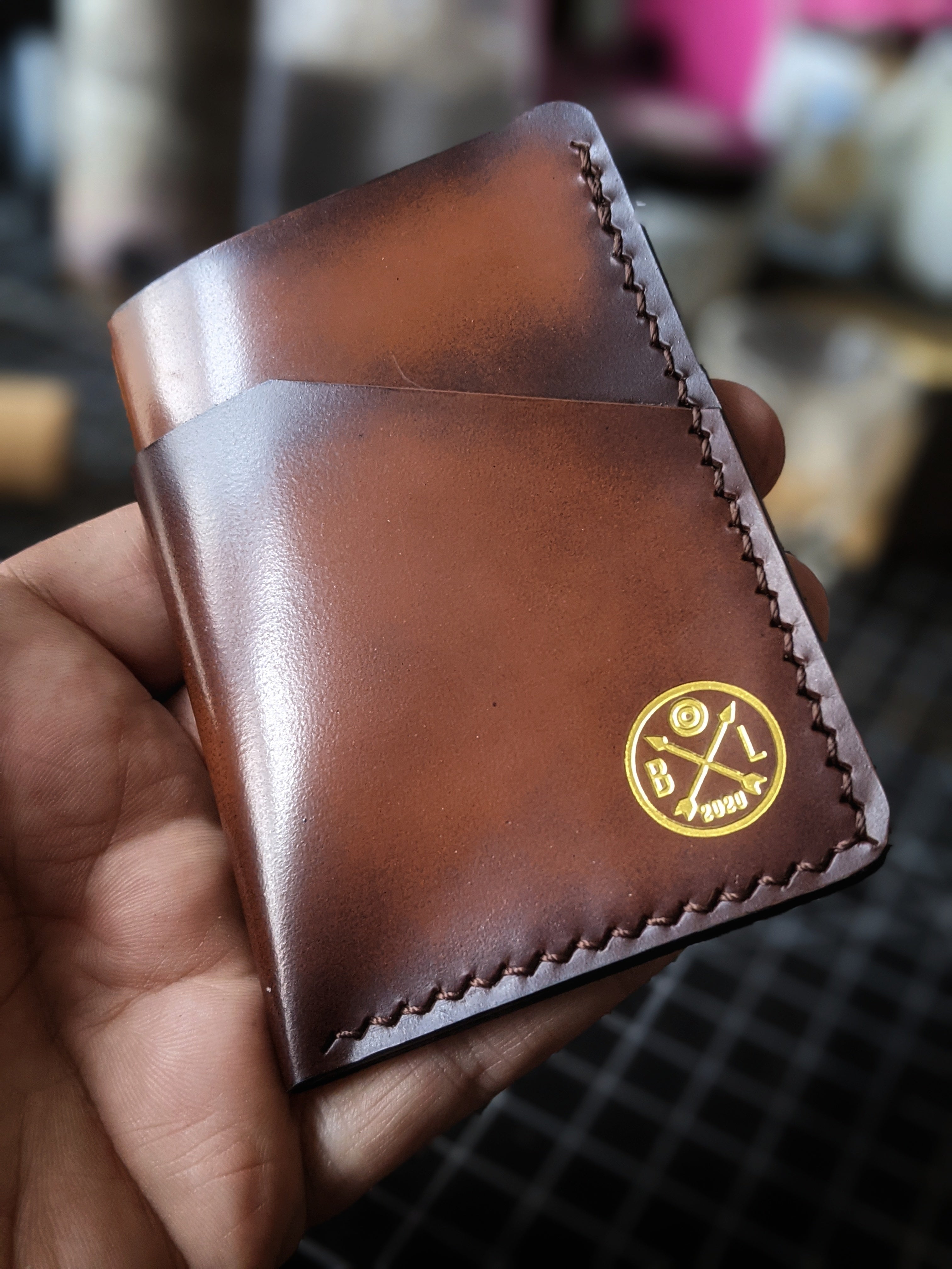 "Altham" Handmade Minimalistic Wallet/Card Holder in Dark Umber Brush off British Leather with Dark Brown thread.