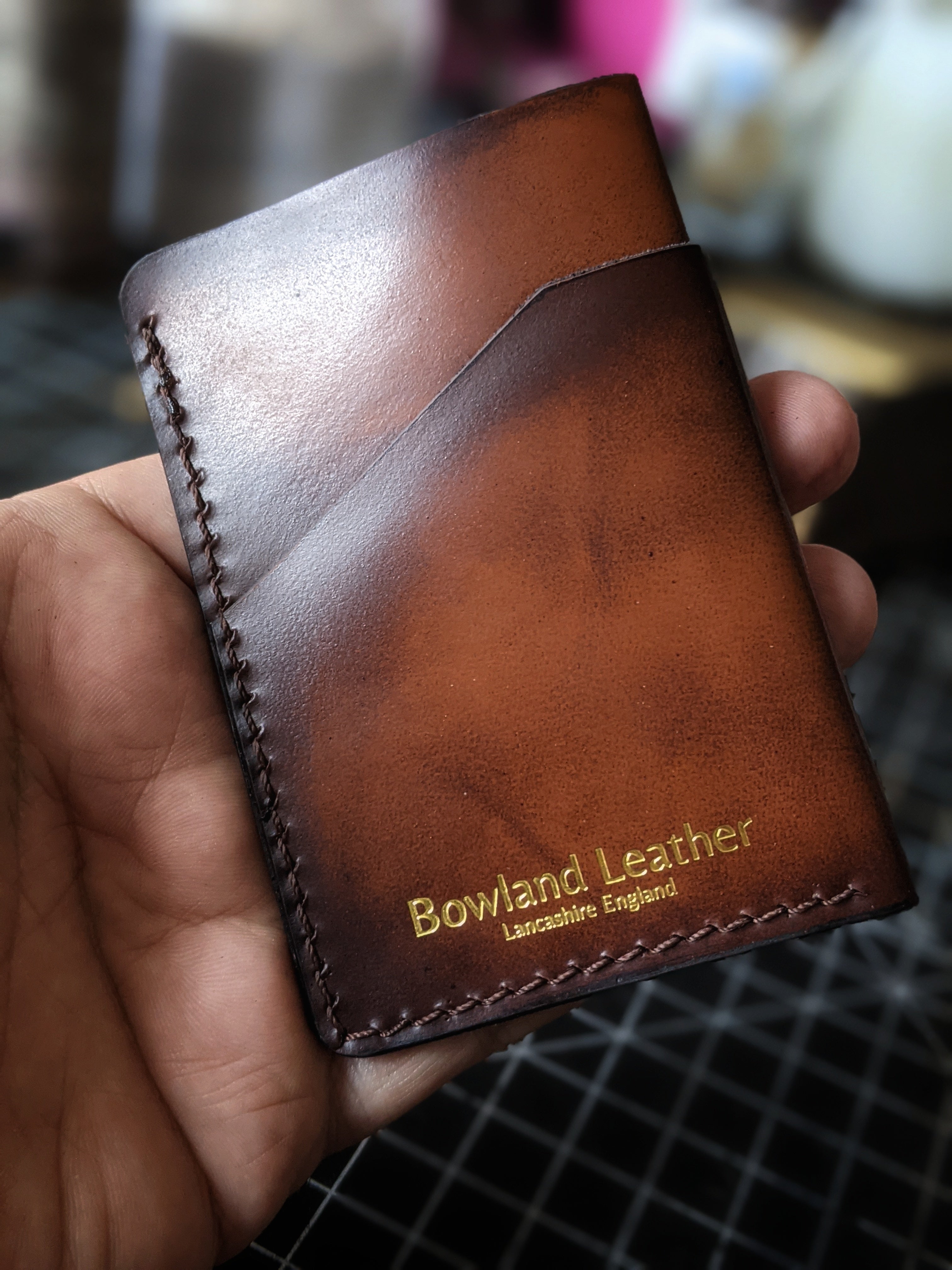 "Altham" Handmade Minimalistic Wallet/Card Holder in Dark Umber Brush off British Leather with Dark Brown thread.